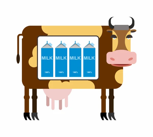 Vaca manchada con leche. Los paquetes de leche de la vaca como en el refrig — Vector de stock