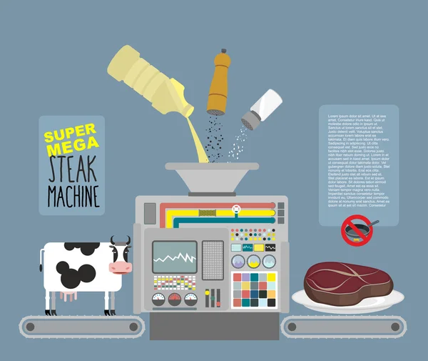 Super mega steak machine. Automatic line for  production of meat — 图库矢量图片