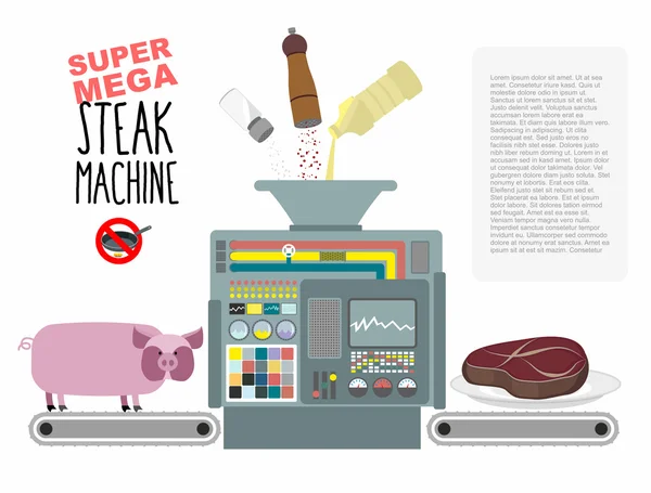 Super mega steak machine. Manufacturing system for release of me — 图库矢量图片