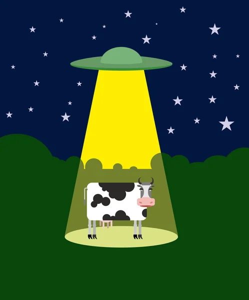 UFO abducts a cow. Space aliens and cattle. Flying saucer beam p — Stock Vector