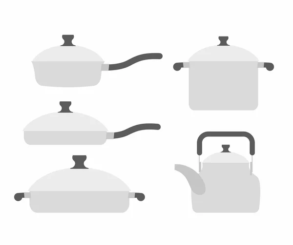 Conjunto de utensílios de cozinha: frigideira e panela. Chá e torradeira . —  Vetores de Stock