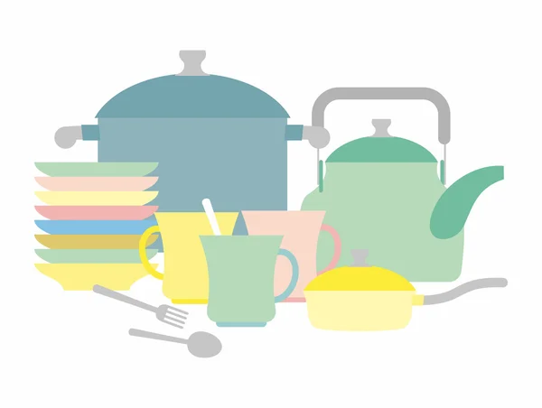 Utensilios de cocina. Tetera y tazas. Conjunto de platos. Vector illustr — Archivo Imágenes Vectoriales