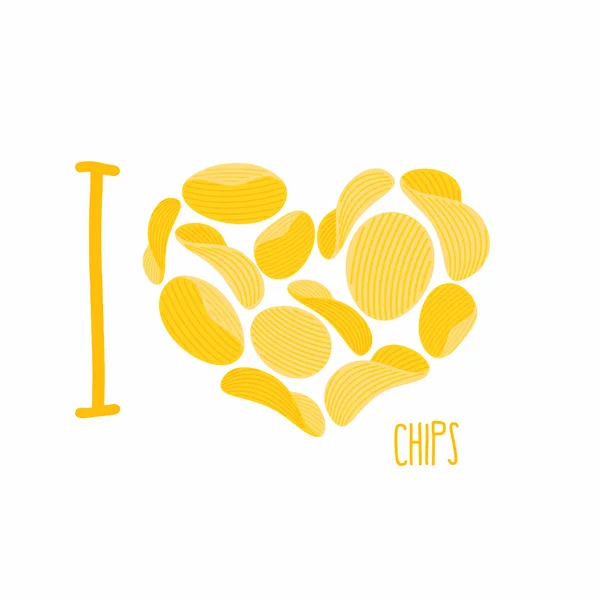 Ich liebe Chips. Symbol Herz von Kartoffelchips. Bratkartoffeln. vec — Stockvektor