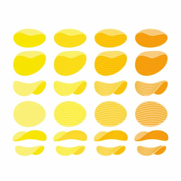 Conjunto de batatas fritas. Fichas onduladas douradas, alaranjadas e amarelas de d — Vetor de Stock