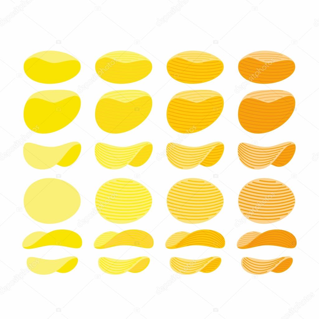 Set of potato chips. Golden, Orange and yellow wavy chips from d