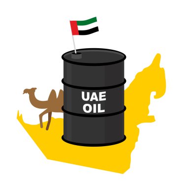 Birleşik Arap Emirlikleri harita arka plan varil petrol. Bayrak Birleşik Arap Emirlikleri. Deve