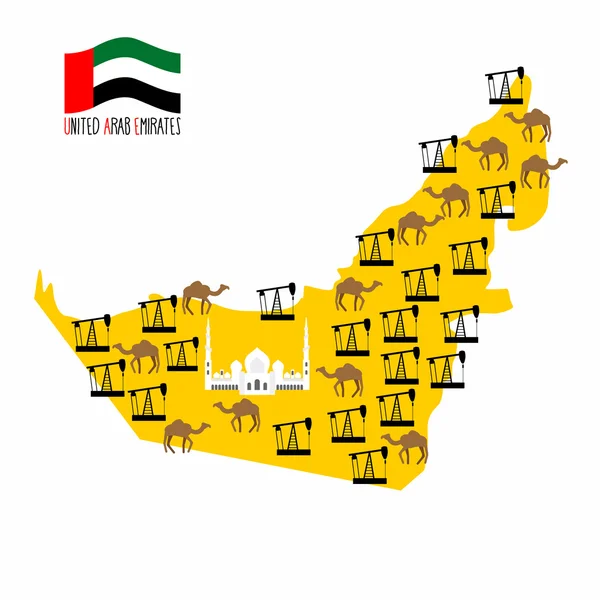 Mapa Emirados Árabes Unidos (EAU). Deserto e plataformas de petróleo. Infográfico — Vetor de Stock