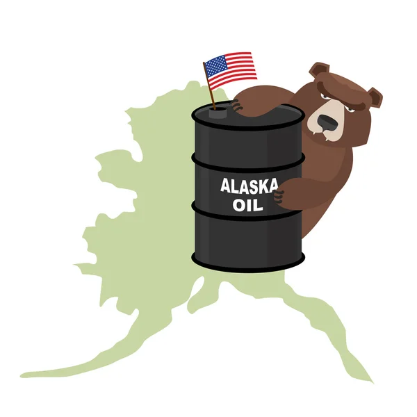 Oil Barrel Alaska map background. Flag of  United States. Bear k — Stock Vector