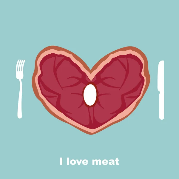 J'adore la viande. Un steak cardiaque. Couverts : fourchette et couteau. Une délicatesse pour — Image vectorielle
