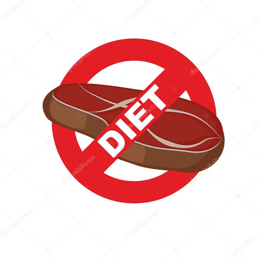 Stop meat. Banning food mark. Steak. Logo for diet. Vector illus