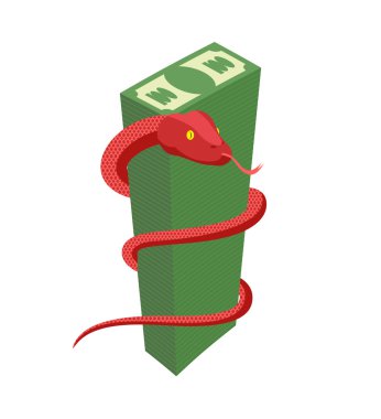 Red Snake encircles large pile of money. Cobra and dollars. Dang