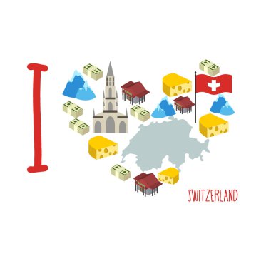 I love Switzerland. Symbol heart of cheese and Alps, Bank and mo