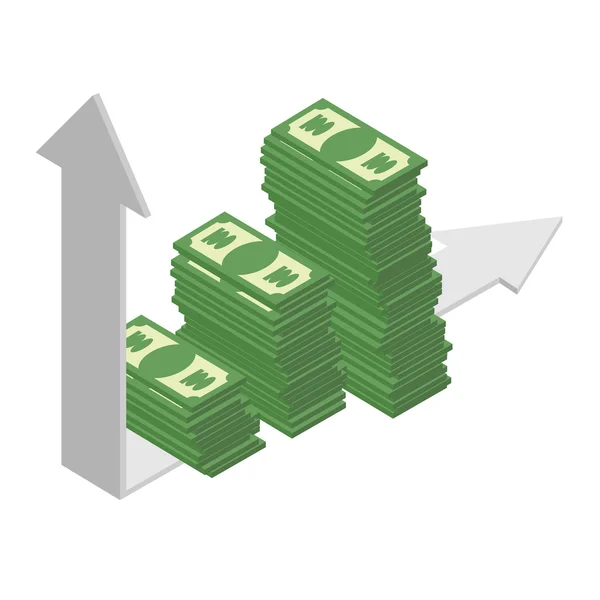 Rendimento de crescimento gráfico. Crescimento das vendas. Um monte de dinheiro. Pilhas de dol — Vetor de Stock