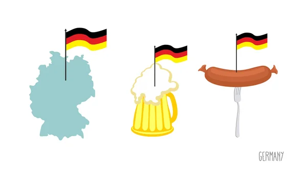 Definir ícones símbolo alemão. Mapa e bandeira alemã. Cerveja e frito —  Vetores de Stock