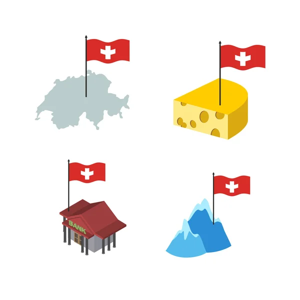 Establecer iconos Suiza. Mapa y queso, Banco y Alpes. Vector il — Vector de stock