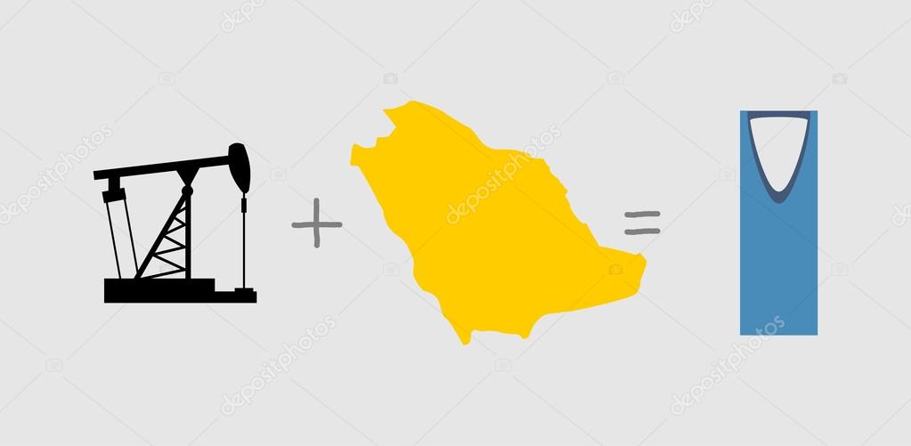 Oil rig and map. Symbols of Saudi Arabia. Vector illustration