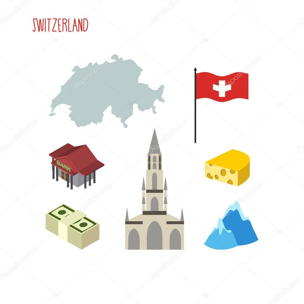 Set of icons for Switzerland. Map and flag of country. Berne Cat