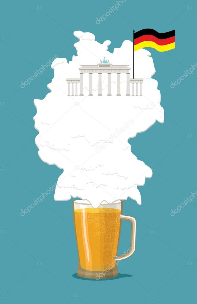 Beer with foam silhouette German map. Brandenburg Gate and flag 