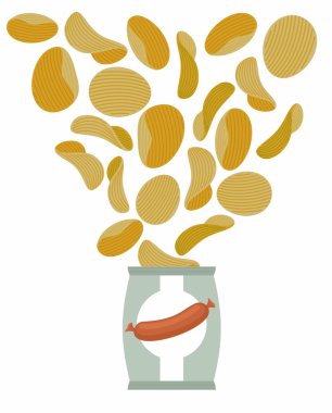 Potato chips taste like sausage. Packaging, bag of chips on a wh