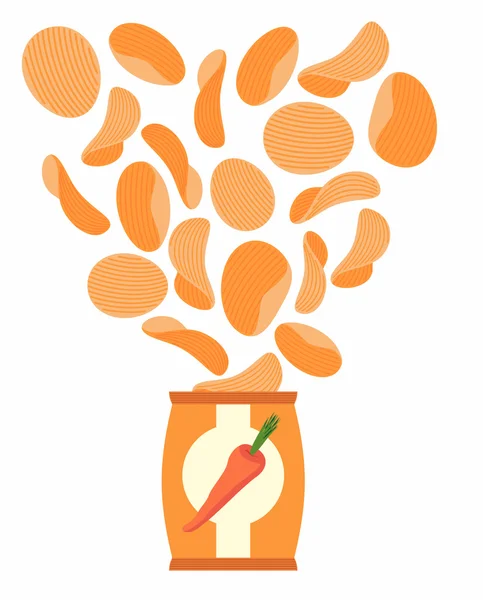 Картопляні чіпси смакують як морква. Упаковка, мішок з чіпсами на — стоковий вектор