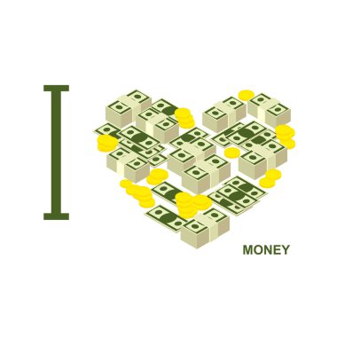 Parayı ve parayı seviyorum. Dolar ve altın sikke sembolü kalp. 