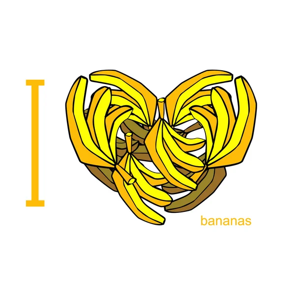 I love bananas. Symbol of heart of bananas. Tropical African fru — Wektor stockowy