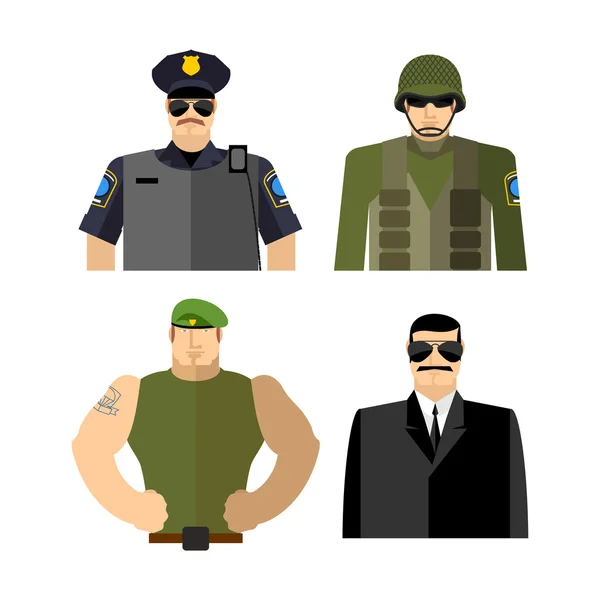 Conjunto de homens vestidos de trabalho. Polícia e militares. Soldado e espião — Vetor de Stock