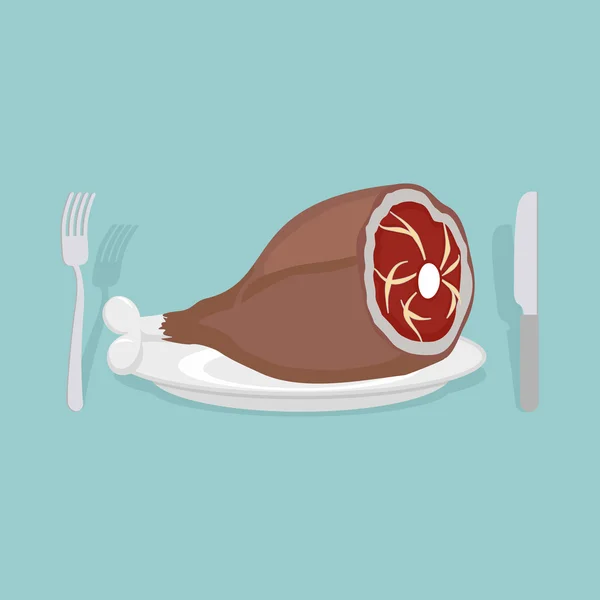 Ham on a plate.  knife and fork. Meat on bone. Delicacy meat pork and beef. Vector illustration. — Stock vektor