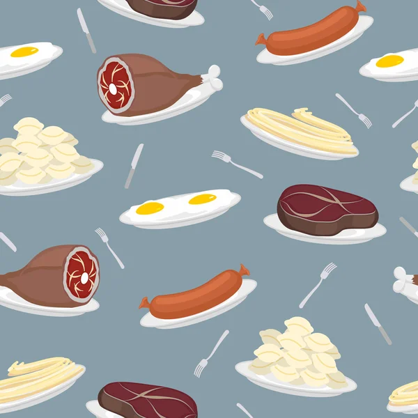 Food seamless pattern. Sausage and dumplings. Ham and steak. — Stock vektor