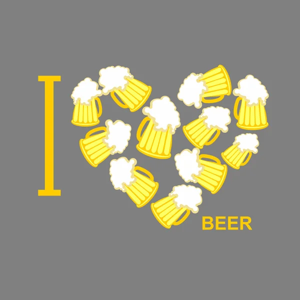 Adoro cerveja. Coração de símbolo de steins de cerveja. Vector illustratio — Vetor de Stock