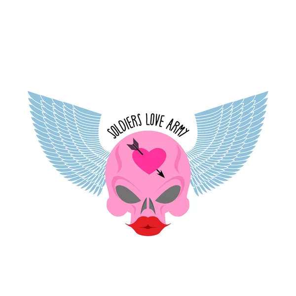 Logo, logo of soldier of love. Pink skull with large red lips an — Stok Vektör