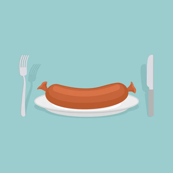 Salsicha em um prato. faca e garfo. Delícia de carne. Vetor ilustração alimentar . — Vetor de Stock