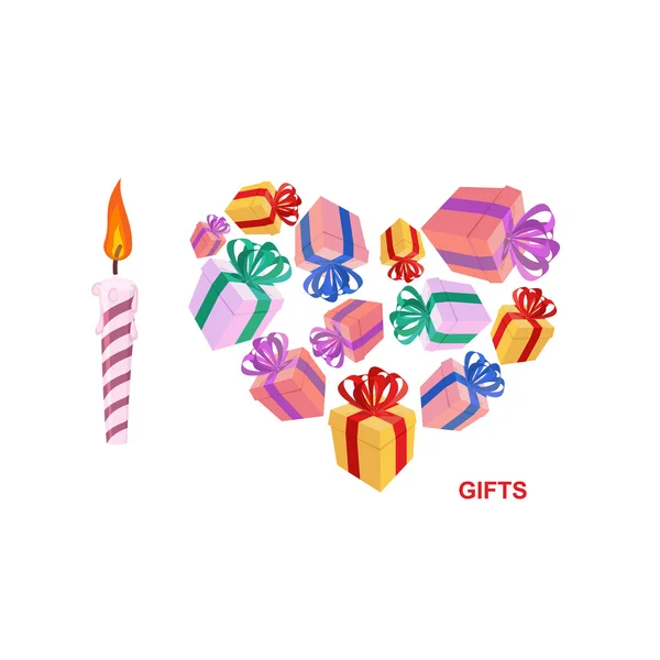 I love gifts. Symbol of heart of boxes of gifts. Vector illustra — 图库矢量图片
