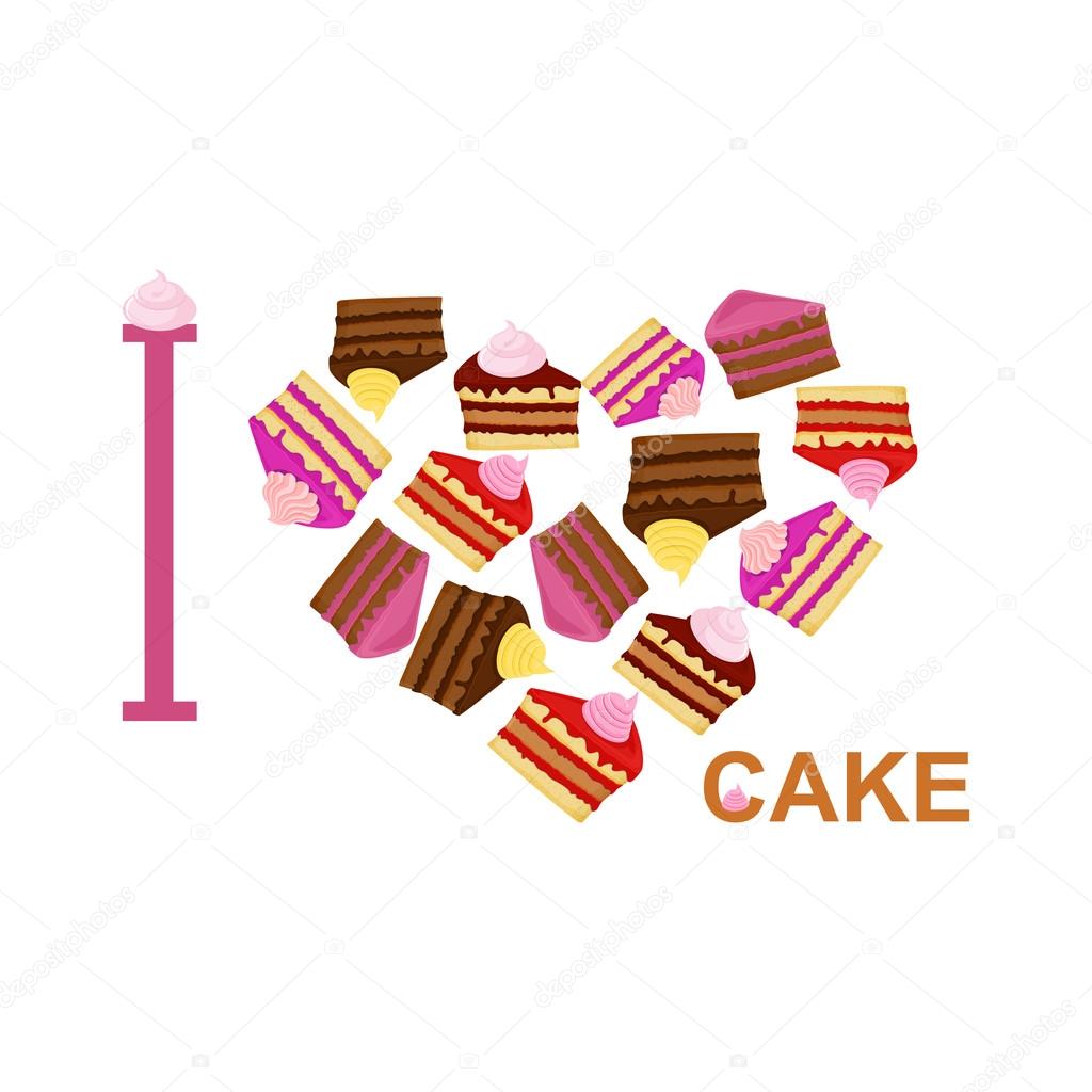 I love cake. Symbol heart of  pieces of cake. Vector illustratio