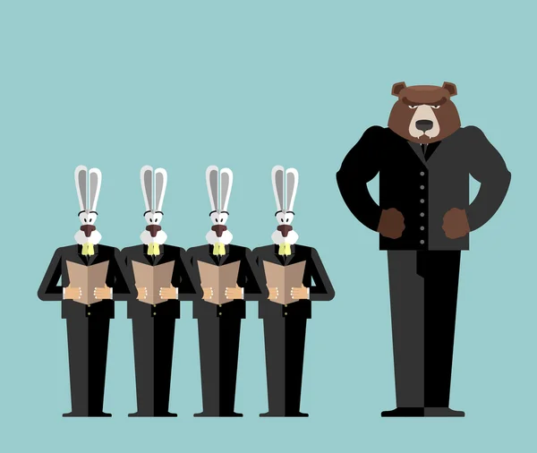 Escritório de reuniões. Urso grande chefe repreende coelhos. As lebres têm medo. . —  Vetores de Stock