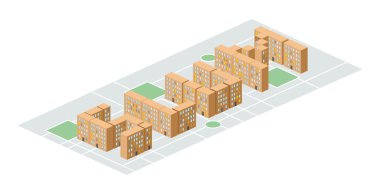Slum district. Isometric city buildings. Yard among  houses. Vec