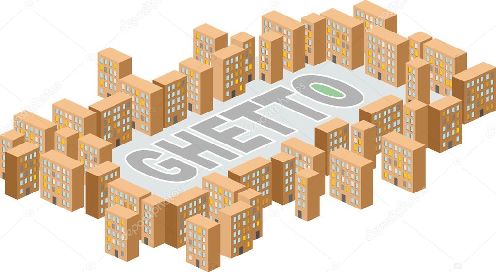 Ghetto district. Building in form of letters. Vector illustratio