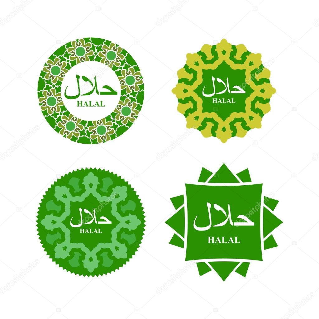 Logo of Halal products. Text of in Arabic- Halal. Vector illust