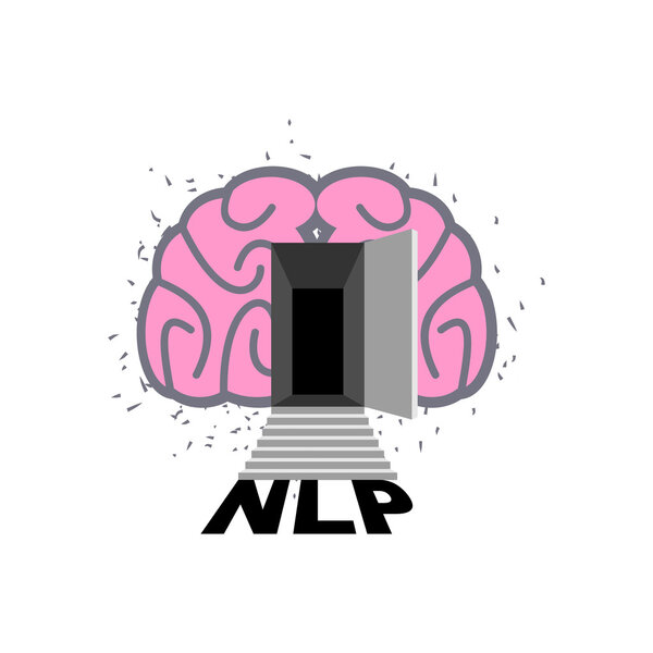 NLP logo. Brain with door open. Log into my consciousness. Vecto