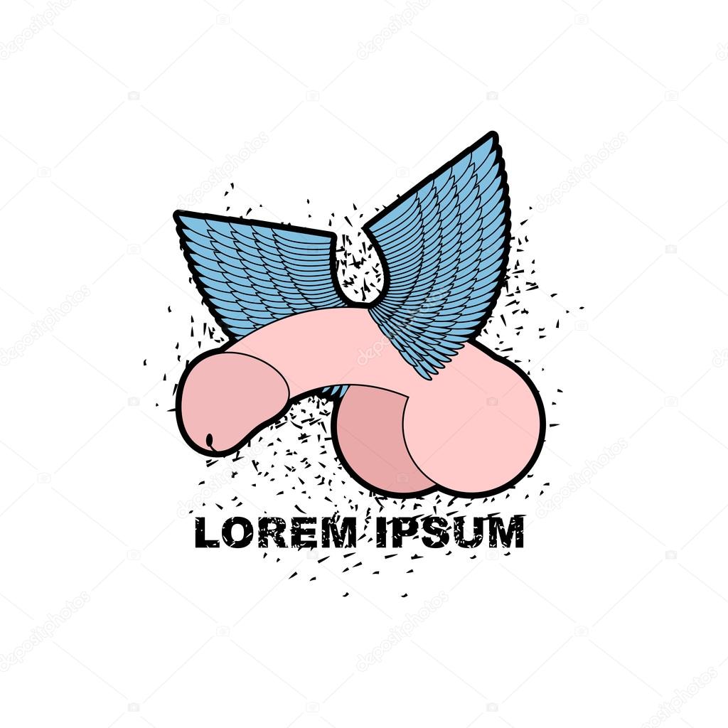 Winged penis logo. Phallus with wings logo. Male organ. flying Dildo. Vector illustratio