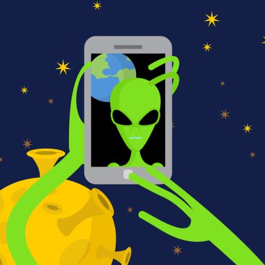 Alien makes selfie in space. Space alien takes pictures of herse clipart