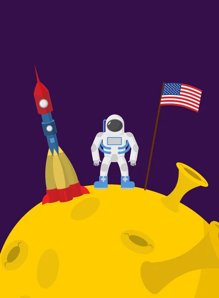 Астронавт на Луне. Космический человек с флагом Америки и камнем — стоковый вектор