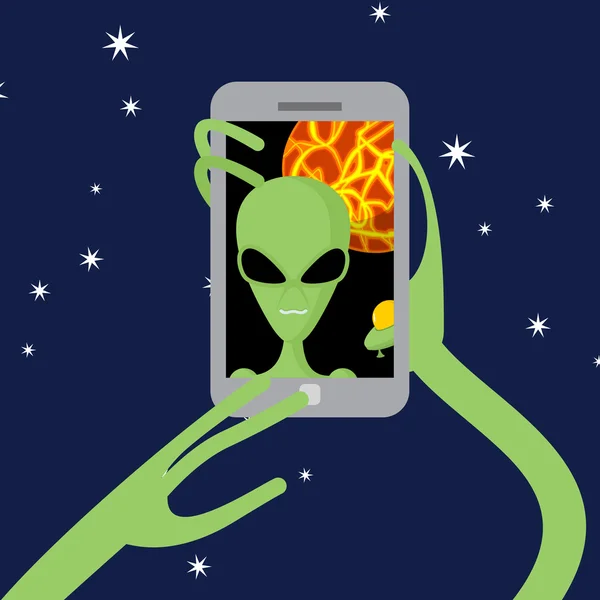 Selfie space. Alien shoots himself on phone against backdrop of — 图库矢量图片