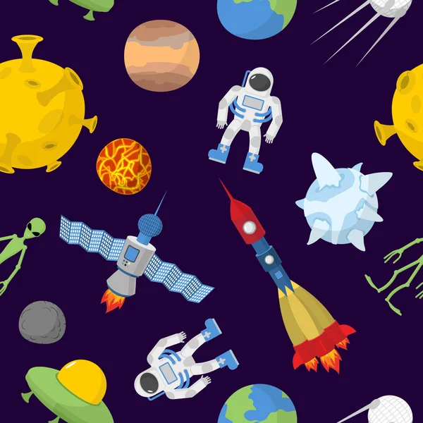 Space cartoon seamless pattern. Vector background. Astronaut and — Stockvector