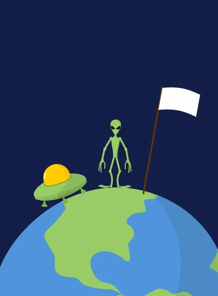 OVNI e alienígena com bandeira branca está na Terra. Fundo vetorial — Vetor de Stock