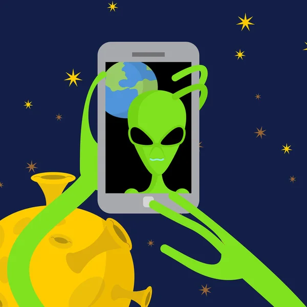 Alien makes selfie in space. Space alien takes pictures of herse — Stok Vektör