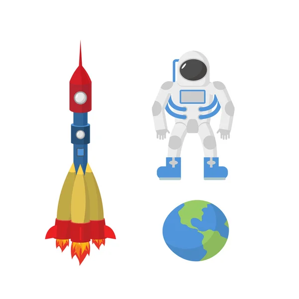 Espaço definido: astronauta, planeta Terra, foguete. Ilustração vetorial — Vetor de Stock