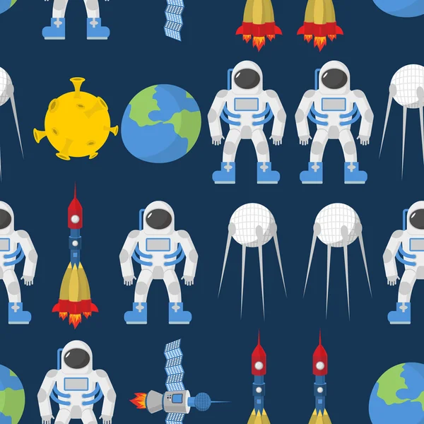 Cosmic seamless pattern. Earth and astronaut. Space rocket ship — Stockvector
