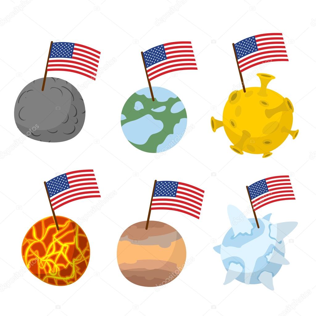 Planets of  solar system with flag of America. Discoverers of ne