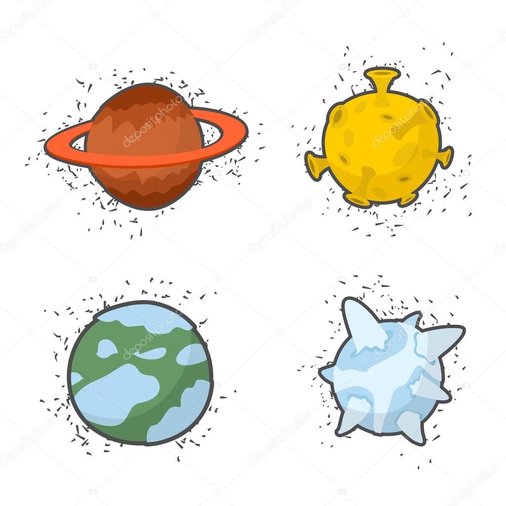Set of planets on a white background: the Moon and Saturn, ice p